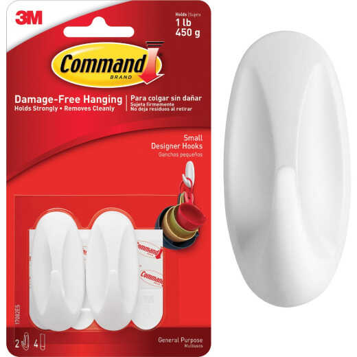 Command Small Designer Hook, White, 2 Hooks, 4 Strips